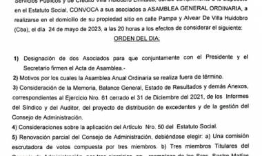 LA COOPERATIVA CONVOCA A ASAMBLEA GENERAL ORDINARIA