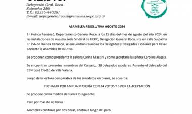 LOS DOCENTES DEL ROCA LE DIJERON QUE NO A LA PROPUESTA SALARIAL DEL GOBIERNO