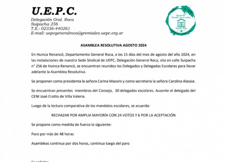 LOS DOCENTES DEL ROCA LE DIJERON QUE NO A LA PROPUESTA SALARIAL DEL GOBIERNO