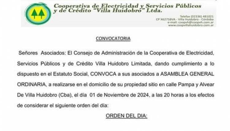 VIERNES DESDE LAS 20 HRS ASAMBLEA GENERAL ORDINARIA DE LA COOPERATIVA LOCAL