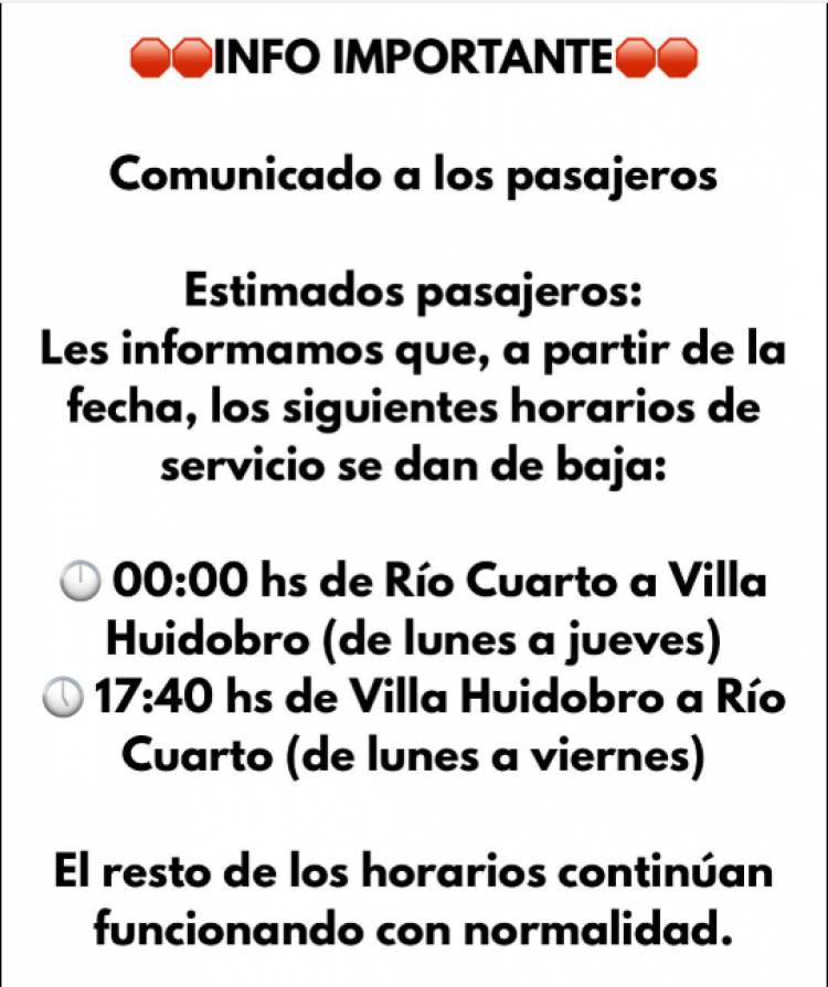 SIERRAS SUR DA DE BAJA DOS FRECUENCIAS DE VIAJES A RÍO CUARTO